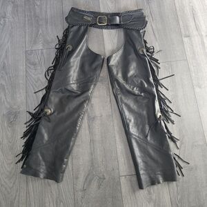 Harley Davidson Willie G black Fringe Leather Chaps size women’s large conchos